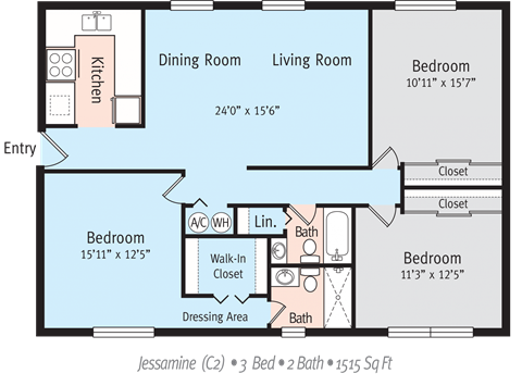 Floor plan for 3 beds, 2 baths, 1515 sqft