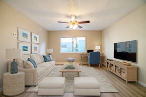 Tampa apartment for rent - A living room with a white couch, a coffee table, and a flat screen TV.