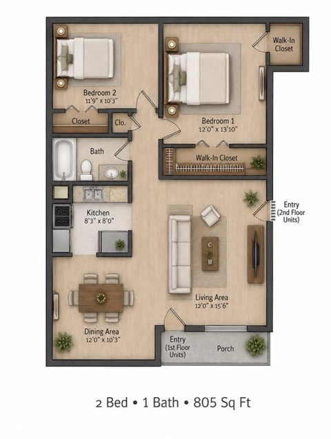 Floor plan for 2 beds, 1 bath, 805 sqft