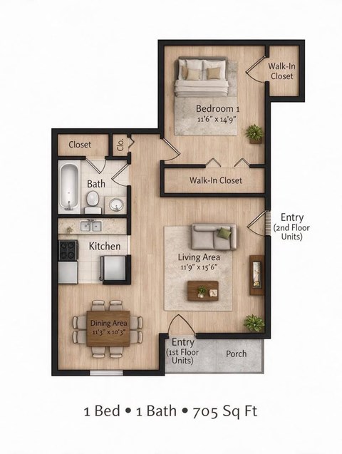 Floor plan for 1 bed, 1 bath, 705 sqft