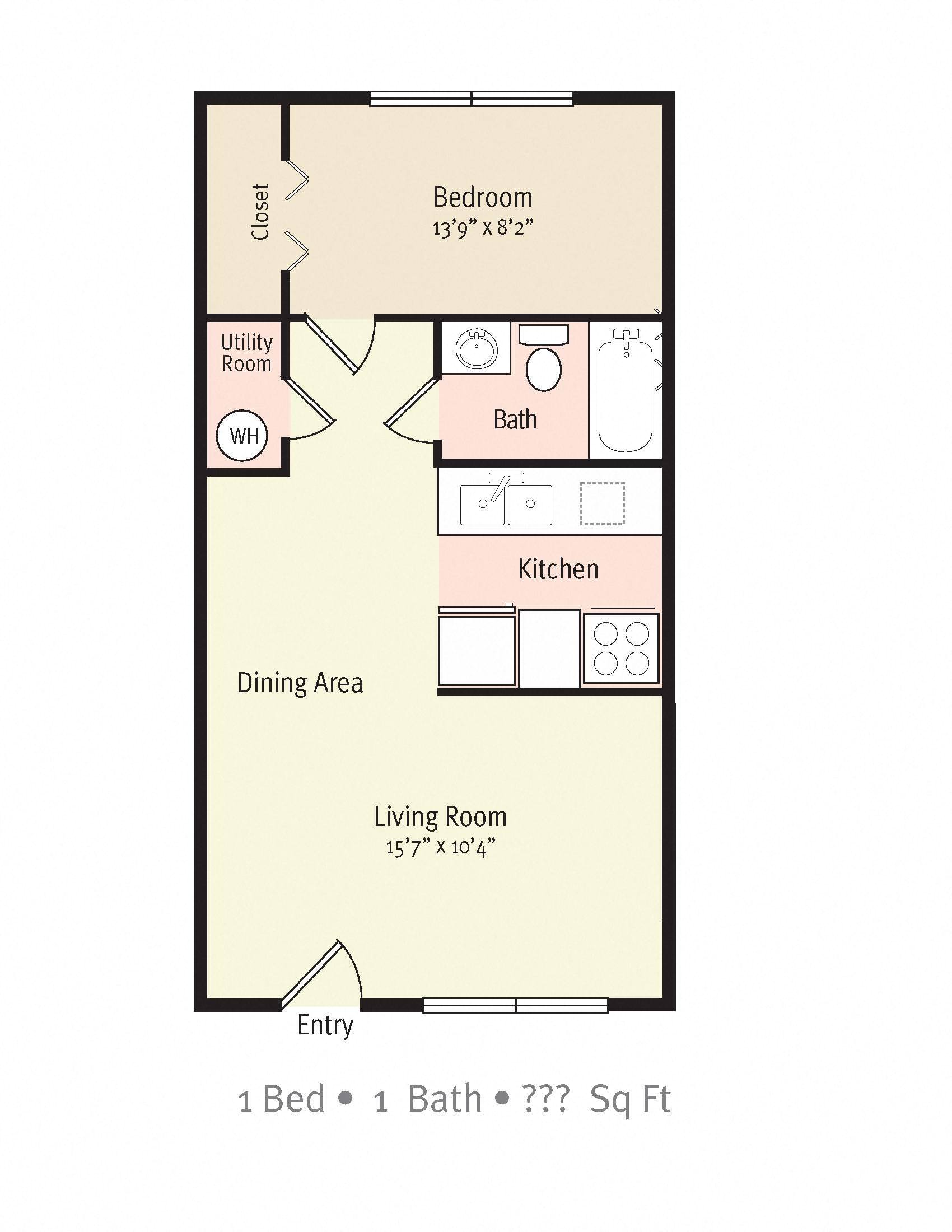Floor plan for 1 bed, 1 bath, 690 sqft