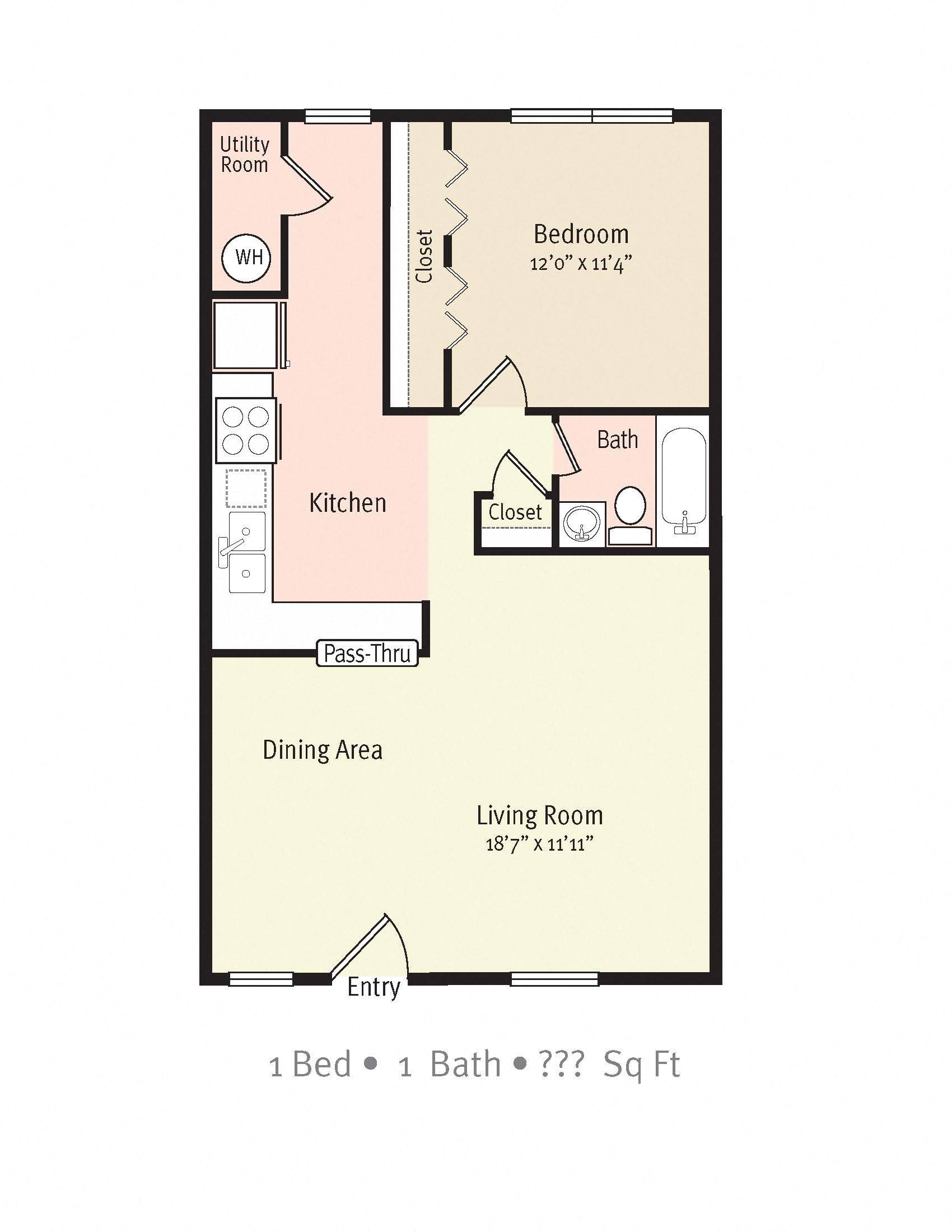 Floor plan for 1 bed, 1 bath, 690 sqft