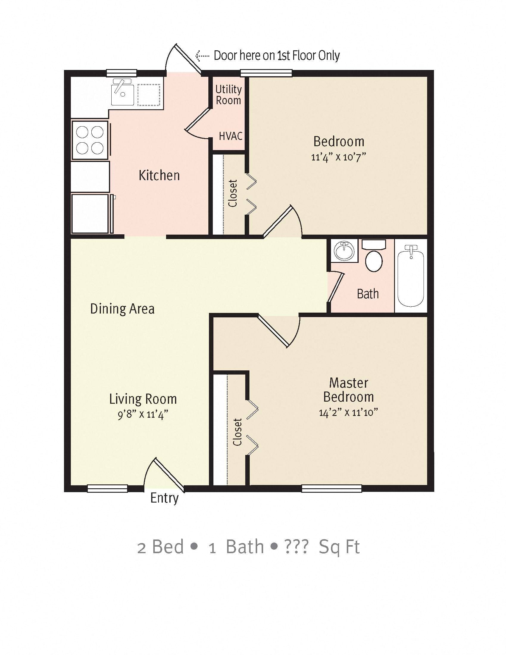 Floor plan for 2 beds, 1 bath, 890 sqft