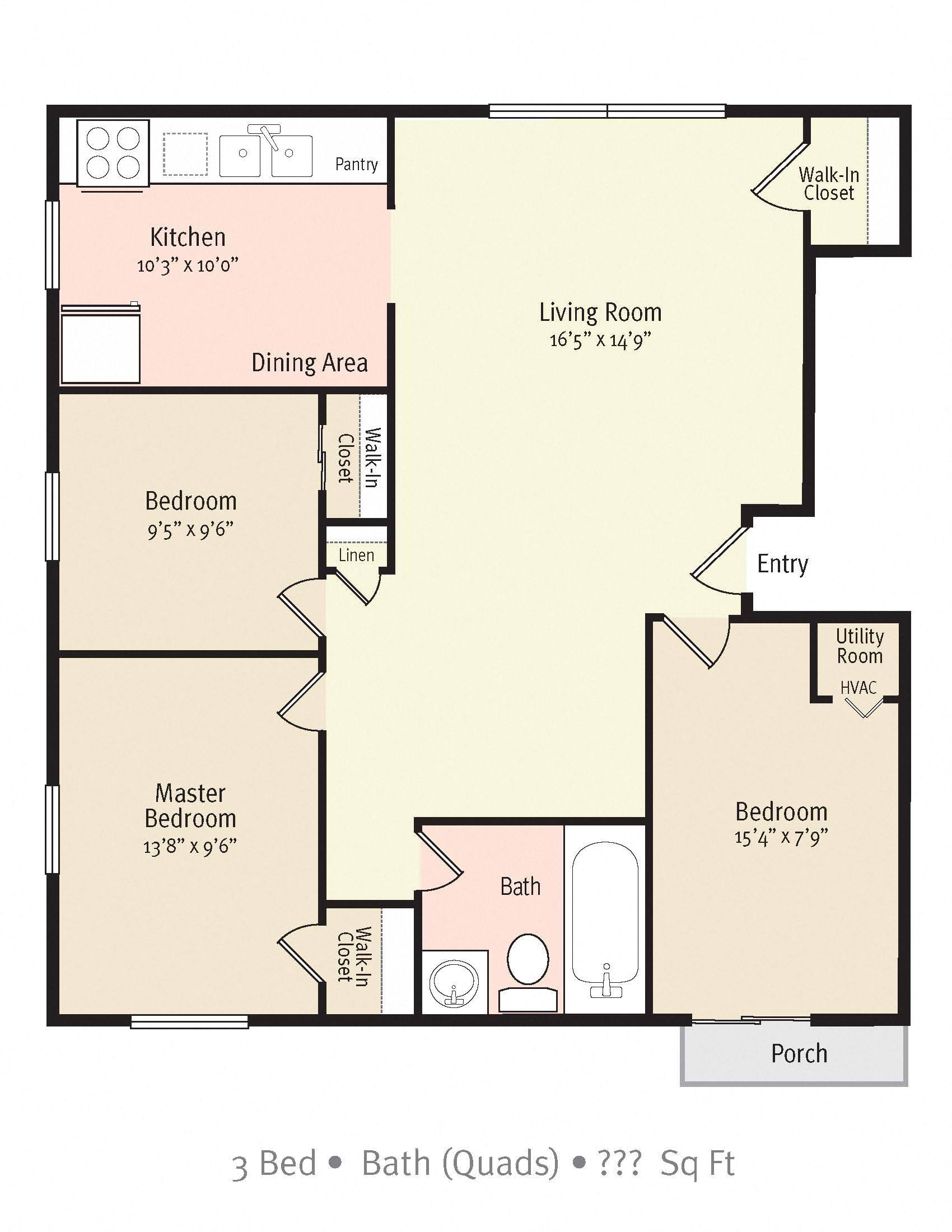 Floor plan for 3 beds, 1 bath, 960 sqft