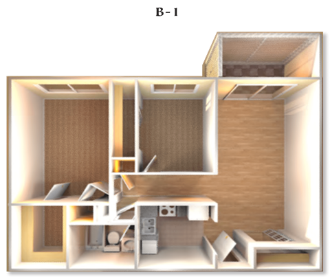 Floor plan for 2 beds, 1 bath, 860 sqft