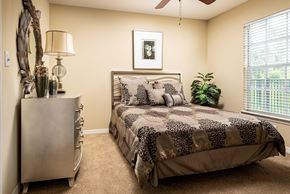 Palm Harbor apartment for rent - a bedroom with a bed and a dresser and a window at Madison Oaks Apartment Homes, LLC, Palm Harbor Florida