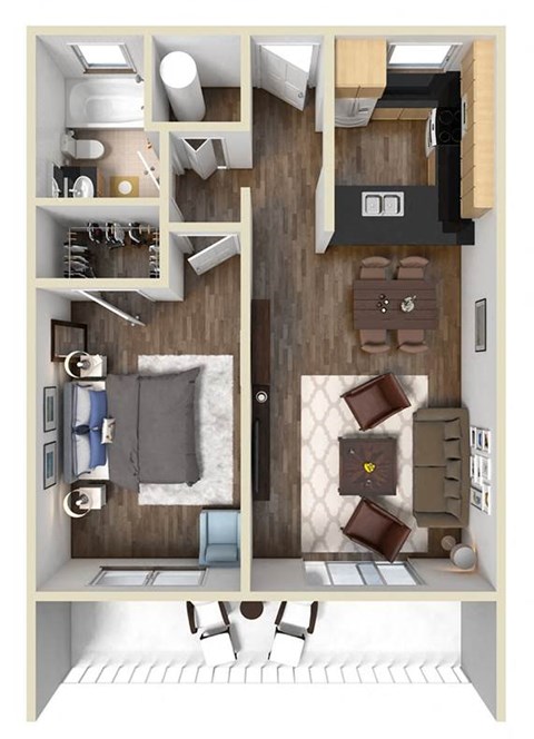 Floor plan for 1 bed, 1 bath, 650 sqft