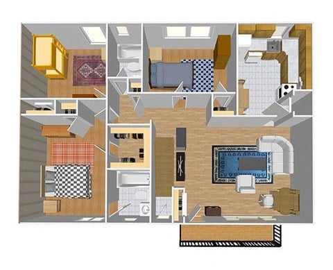 Floor plan for 3 beds, 2 baths, 1215 sqft