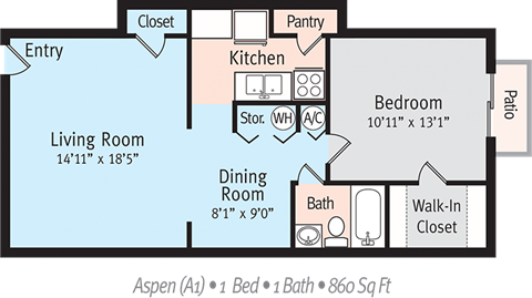 Floor plan for 1 bed, 1 bath, 860 sqft
