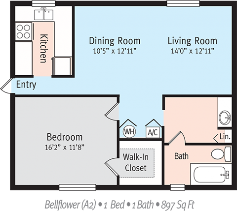 Floor plan for 1 bed, 1 bath, 897 sqft