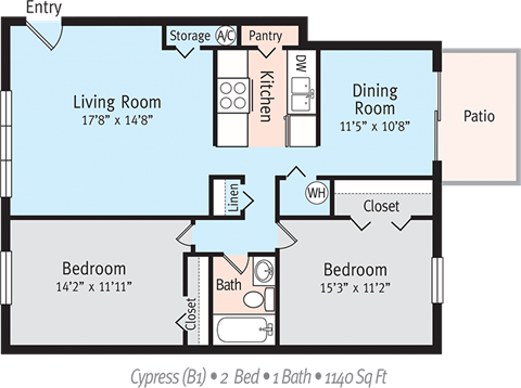 Floor plan for 2 beds, 1 bath, 1187 sqft
