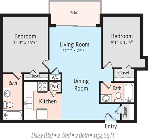 Floor plan for 2 beds, 2 baths, 1154 sqft