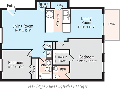 Floor plan for 2 beds, 1.5 baths, 1166 sqft