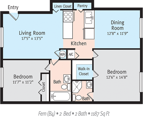 Floor plan for 2 beds, 2 baths, 1187 sqft