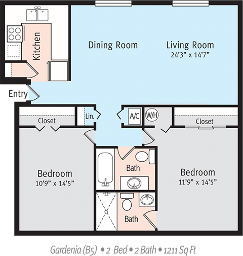 Floor plan for 2 beds, 2 baths, 1211 sqft