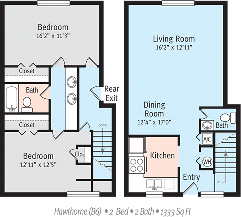 Floor plan for 2 beds, 1.5 baths, 1333 sqft