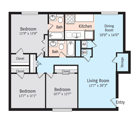 Floor plan for 3 beds, 2 baths, 1375 sqft