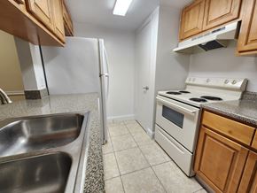 Tampa apartment for rent - a kitchen with a stove refrigerator and sink at Sunscape Apartment Homes, Tampa, FL