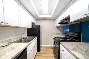 Tampa apartment for rent - A kitchen with black appliances and white cabinets.