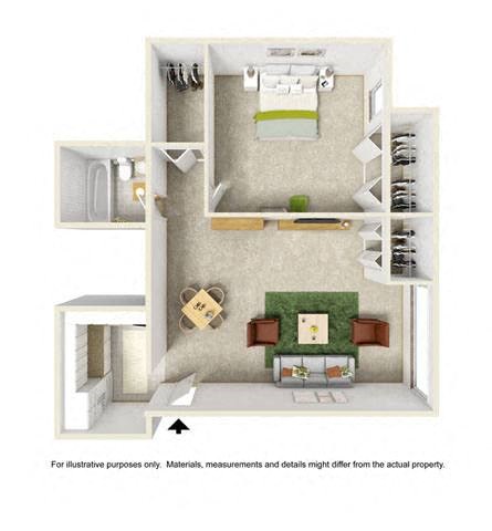 Floor plan for 1 bed, 1 bath, 640 sqft