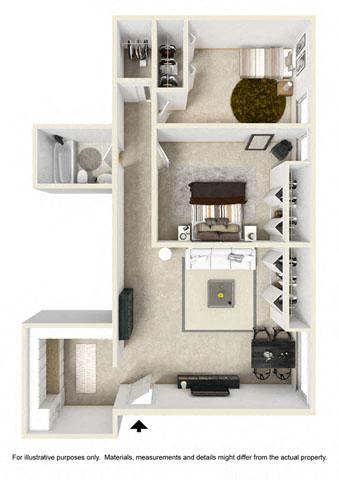 Floor plan for 2 beds, 1 bath, 803 sqft