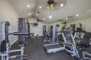 Lakeland apartment for rent - A gym with a variety of equipment including a treadmill, weights, and a bench press.