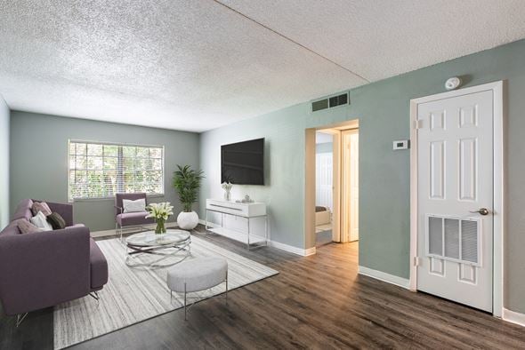 Tampa apartment for rent - A living room with a purple couch and a flat screen TV.