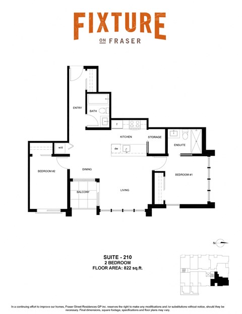 Floor plan for 2 beds, 2 baths, 822 sqft