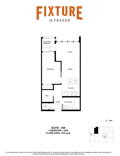 Floor plan for 1 bed, 1 bath, 576 sqft