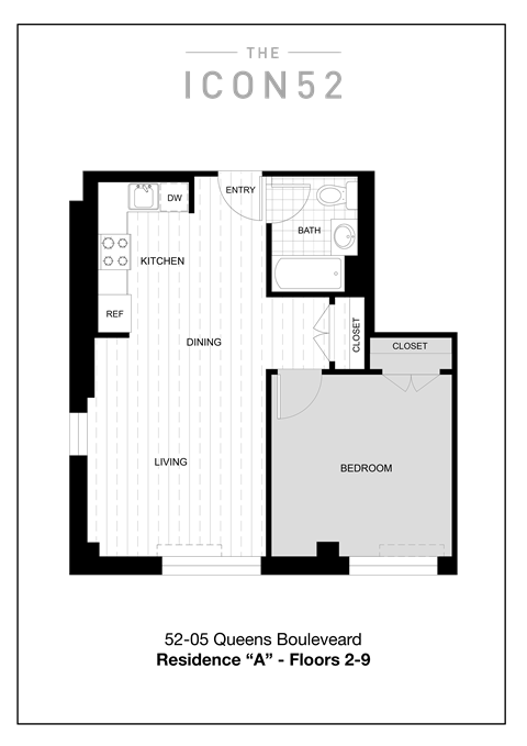 Floor plan for 1 bed, 1 bath, 644 sqft