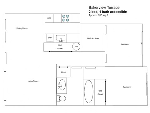 Floor plan for 2 beds, 1 bath