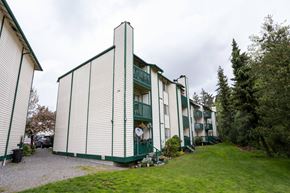 Bellingham apartment for rent - A white and green building with a green lawn in front.