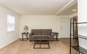 Ithaca apartment for rent - A living room with a grey couch, a small table, and a lamp.