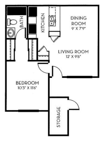 Floor plan for 1 bed, 1 bath, 547 sqft