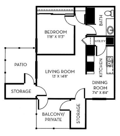 Floor plan for 1 bed, 1 bath, 717 sqft