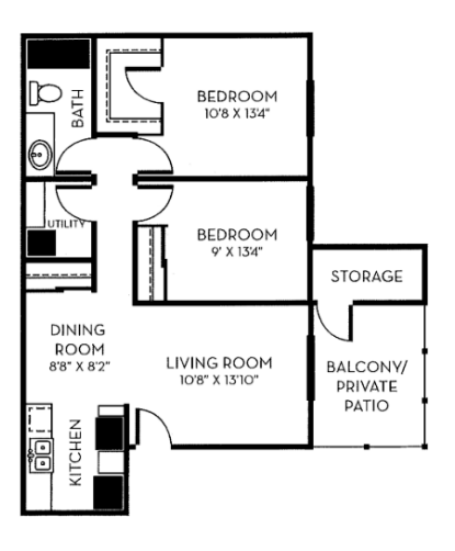 Floor plan for 2 beds, 1 bath, 825 sqft