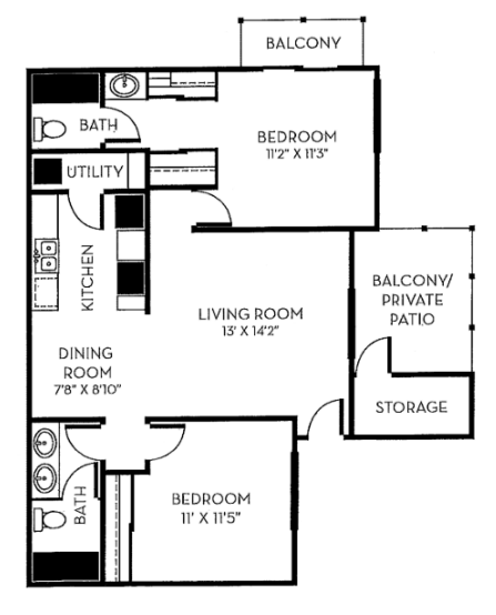 Floor plan for 2 beds, 2 baths, 917 sqft