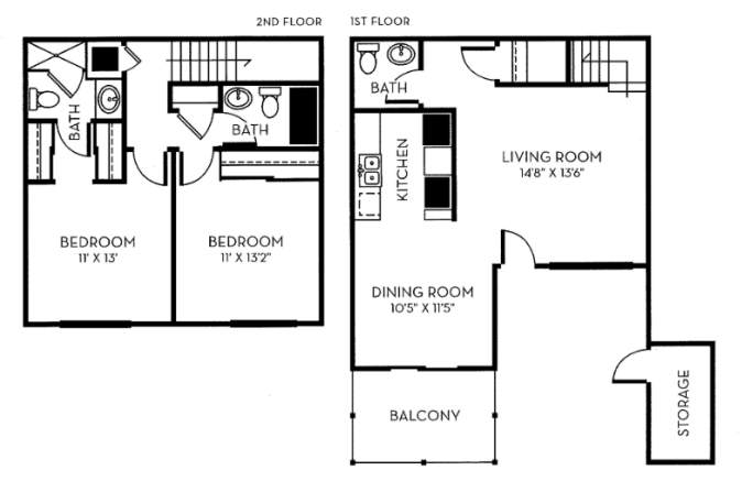 Floor plan for 2 beds, 2.5 baths, 1028 sqft