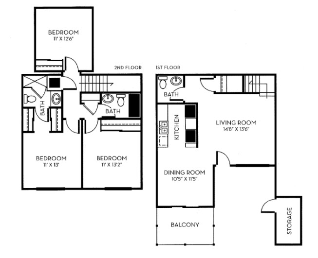 Floor plan for 3 beds, 2.5 baths, 1228 sqft