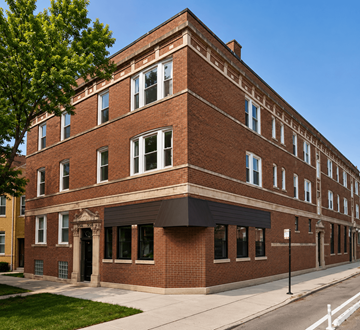 Chicago apartment for rent - A red brick building with white trim and windows.