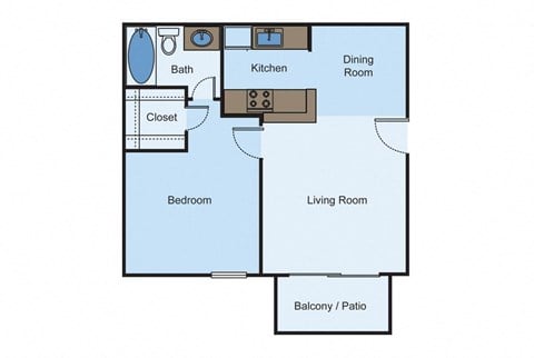 Floor plan for 1 bed, 1 bath, 590 sqft