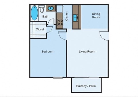 Floor plan for 1 bed, 1 bath, 693 sqft