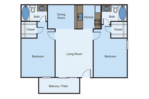 Floor plan for 2 beds, 2 baths, 838 sqft