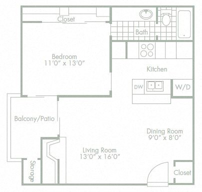 Floor plan for 1 bed, 1 bath, 622 sqft