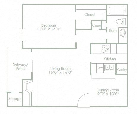 Floor plan for 1 bed, 1 bath, 712 sqft