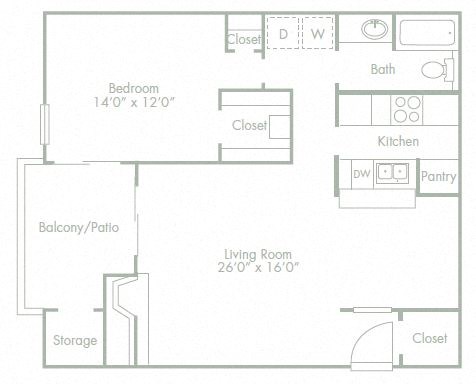 Floor plan for 1 bed, 1 bath, 832 sqft