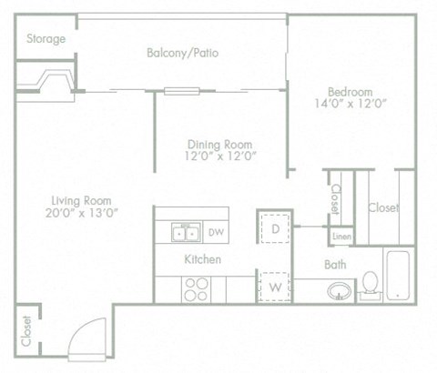 Floor plan for 1 bed, 1 bath, 903 sqft
