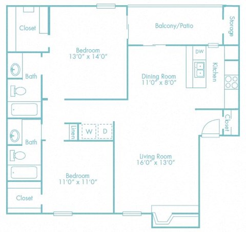 Floor plan for 2 beds, 2 baths, 1012 sqft