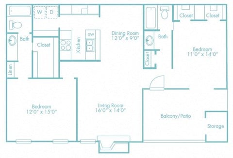 Floor plan for 2 beds, 2 baths, 1109 sqft