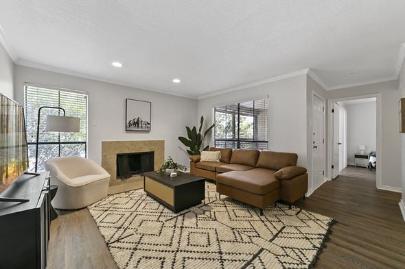 Dallas apartment for rent - a living room with a couch and a chair and a fireplace